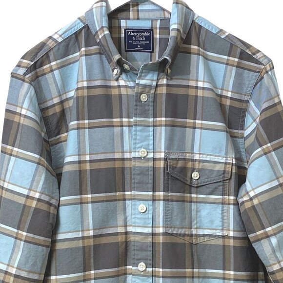 ABERCROMBIE & FITCH Mens Shirt Light Blue Tan Plaid Long Sleeve Cotton Button up - Picture 1 of 12